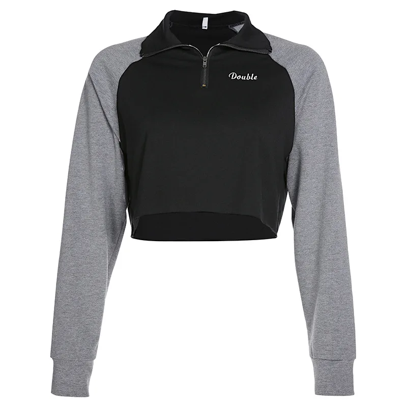 

Patchwork Letter Print Hoodies Women Casual Cropped Turn Down Collar Pullover Sweatshirt Spring Autumn Knitted Hoodie