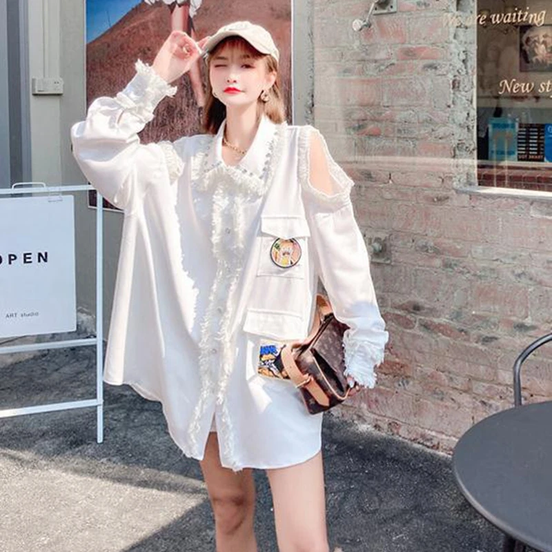 

White Top Sexy Open Shoulders Shirt Plus Size 2021 Spring Women Blouses and tops Social Female Tassel Overshirt Embroidery XC235