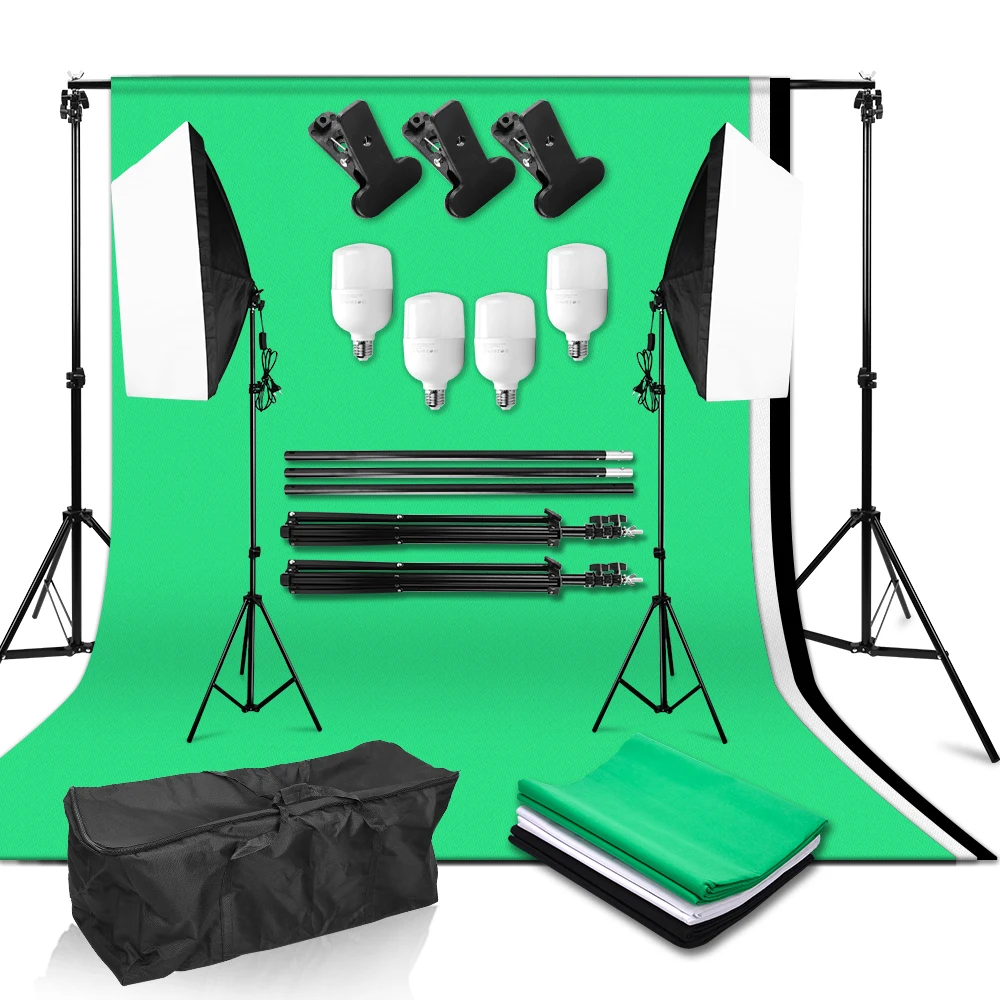 

Photo Studio Softbox Lighting Kit 4pcs 25W Lamp Bulbs 50*70cm Softboxes 2*2m Background Support System 3 Color Background Cloth