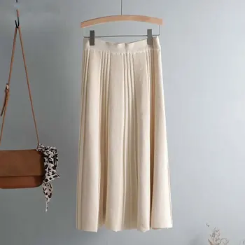

Vintage Winter Women Thick Sweater Skirt Elastic High Waist Pleated Midi Knitted Skirt A-line Female Solid Elegant Skirts