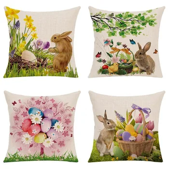 

Easter Bunny Rabbit Eggs Pillowcase Cushion Cover Easter Day Chocolate Egg Chicken Easter Decoration For Home Party Decor Gift