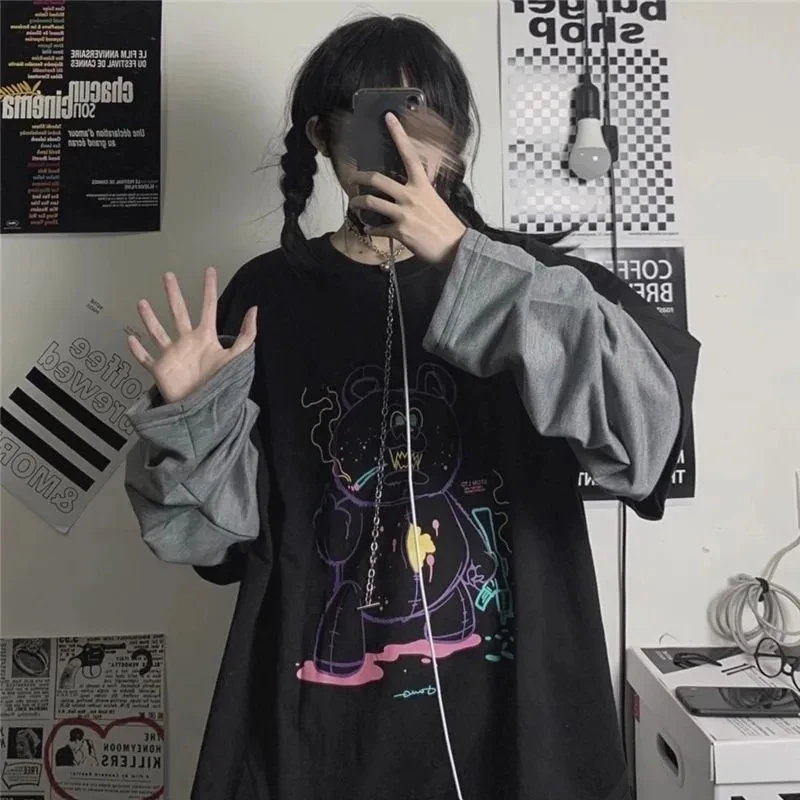

Sweet Cool T-Shirt Female Spring Autumn New Korean Loose Harajuku Style Vintage Fake Two-Piece Long-Sleeved Ins Top Student Tide