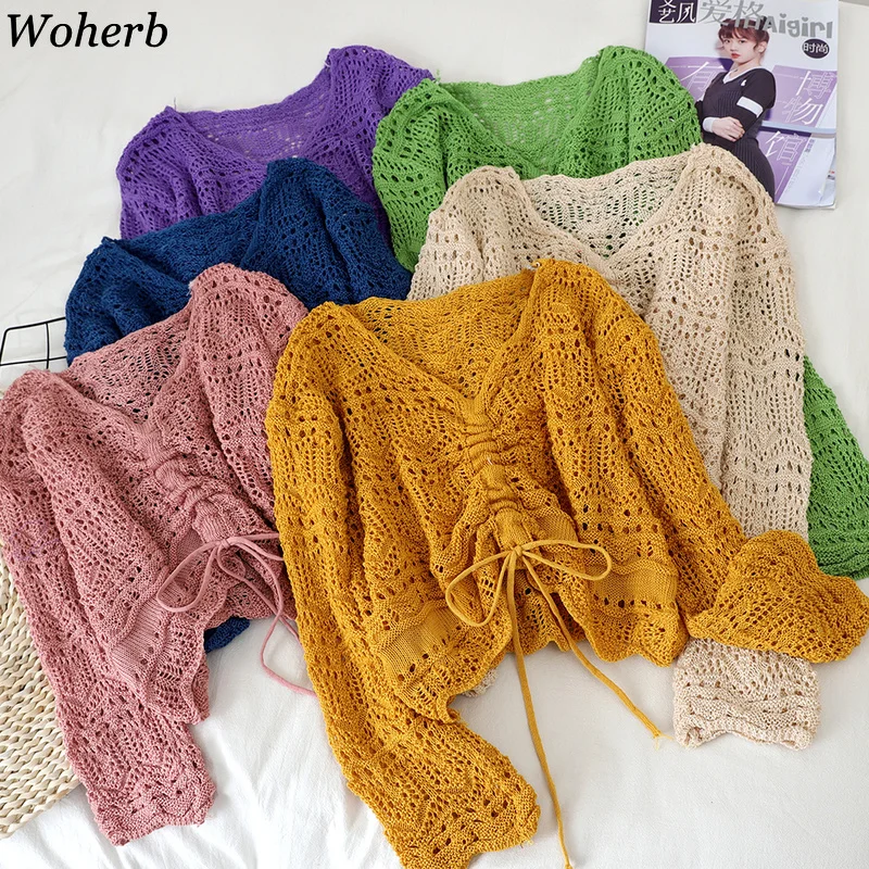 

Woherb Womens Sweater Thin Loose Solid Female Pullover Short V-neck Hollow Out Knitted Drawstring Long Sleeve Ladies Tops 92221