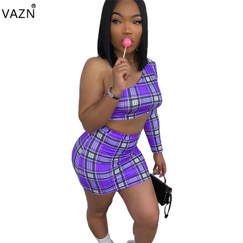 

VAZN SM9036 Hollow Out Popular Plaid One Off Shoulder Mini Top Mini Skirts Slim Sexy Club Open Novelty Women 2 Pieces Sets