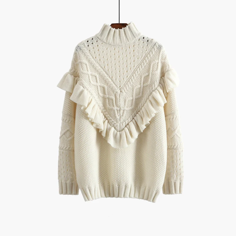 KIYUMI Urban Gypsy свитер женский с оборками оверсайз зимний теплый свитер для женщин толстый Водолазка с длинными рукавами свитера бежевого цвета
