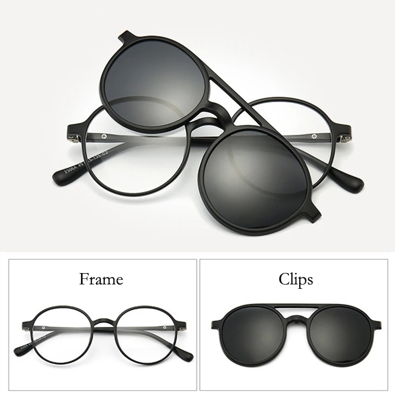 Imixlot 6 In 1 Retro Fashion Round Polarized Optical Frame Magnetic Clip on Sunglasses Unisex Ultra-Light Night Vision Glasses