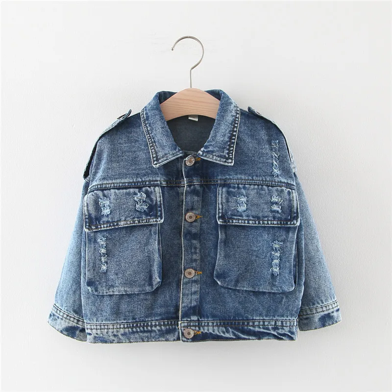 

Casual Oversized Girls Denim Jackets Holes Wash Distressed Kids Jean Coats Autumn Letter Print Patchwork Child Outerwear 12M-5T