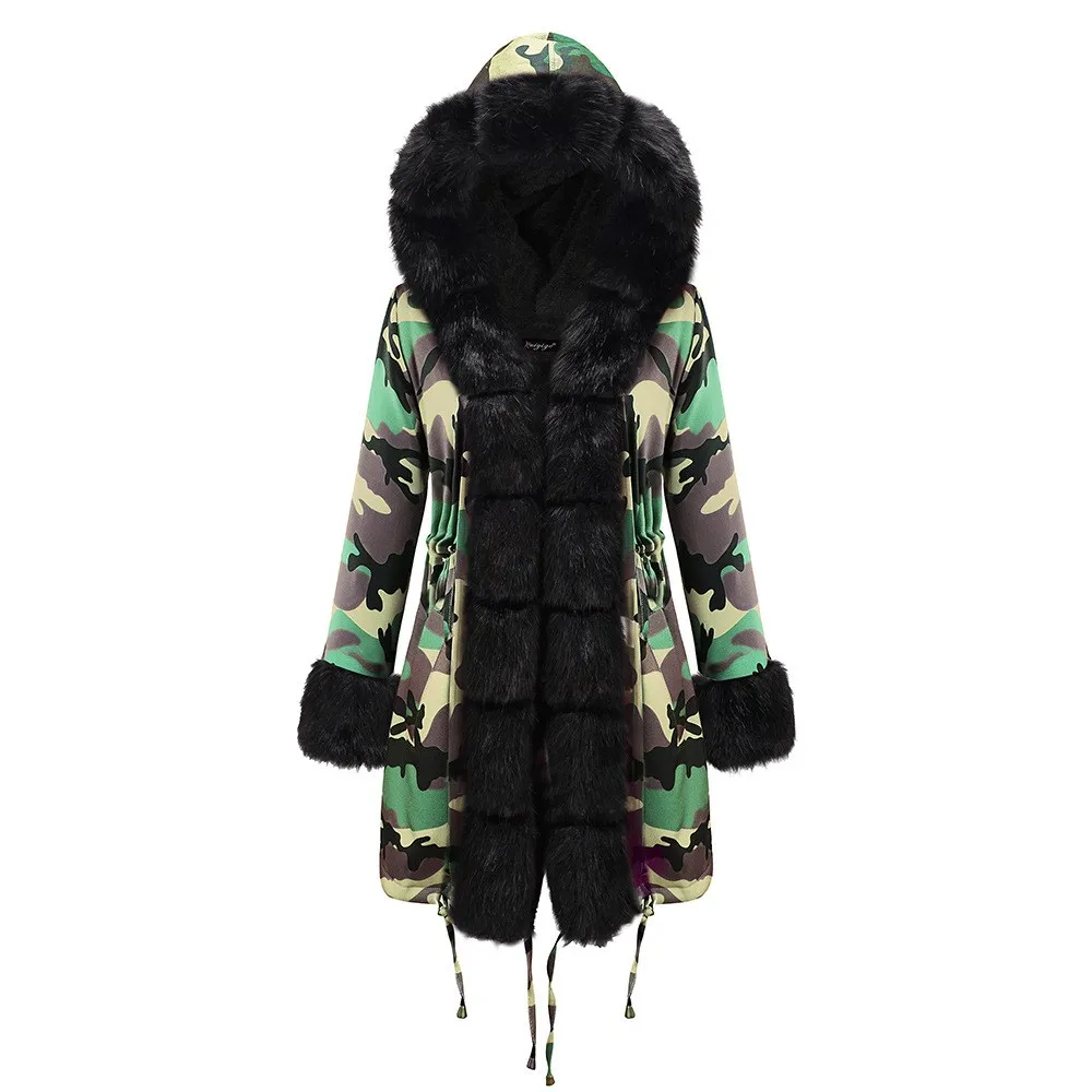 Зимняя женская длинная теплая Толстая парка, пальто, модная женская тонкая куртка из искусственного меха, камуфляжное пальто с капюшоном - Цвет: Армейский зеленый