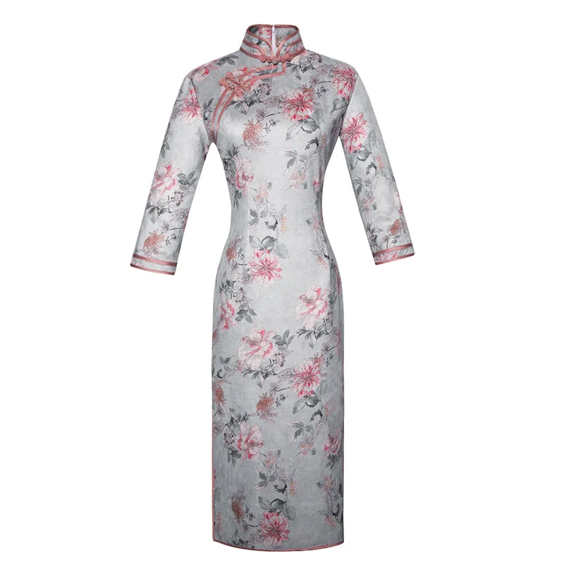 Зимнее замшевое женское сексуальное винтажное короткое платье Cheongsam, новинка, китайский стиль, воротник-стойка, женское тонкое платье Qipao M-4XL - Цвет: 5203