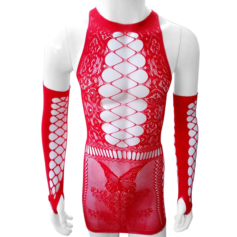 

Erotic Sheer Sissy Dress Lingerie Hollow out Vestido See through Dress Sexy Clubwear Babydoll Set with sleeve-coverings