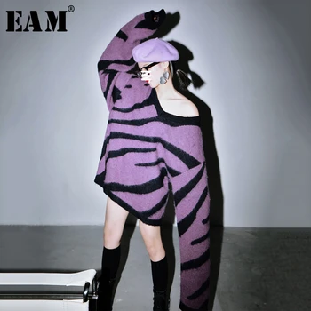 

[EAM] Purple Striped Big Size Knitting Sweater Loose Fit Round Neck Long Sleeve Women Pullovers New Fashion Spring 2020 1R813