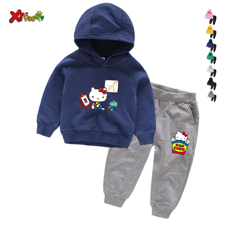 Новинка, с принтом «hello kitty» на весну и Костюмы с персонажами из мультфильмов для мальчиков Повседневное хлопковая футболка с коротким рукавом, одежда, штаны 2 шт./компл. Одежда для маленьких детей комплект одежды для детей, спортивный костюм - Цвет: Kids Clothes Set