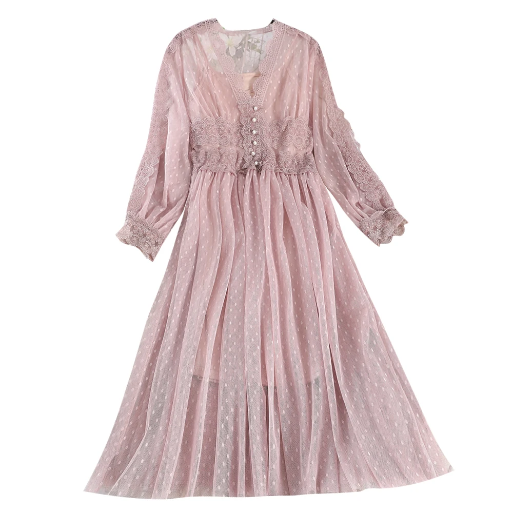 Kaufen Frauen V ausschnitt Laterne Hülse Plissee Perle Perle Taste Kleid Elastische Dünne Polka Dot Mesh Gaze Aushöhlen Spitze Blume Midi kleid