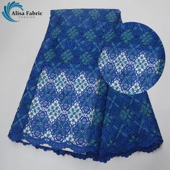 

Alisa 2019 Royal Blue Design Water Soluble Lace Fabric With Embroidery 5 Yards/pcs African Mesh Lace Fabric With Beads For Party
