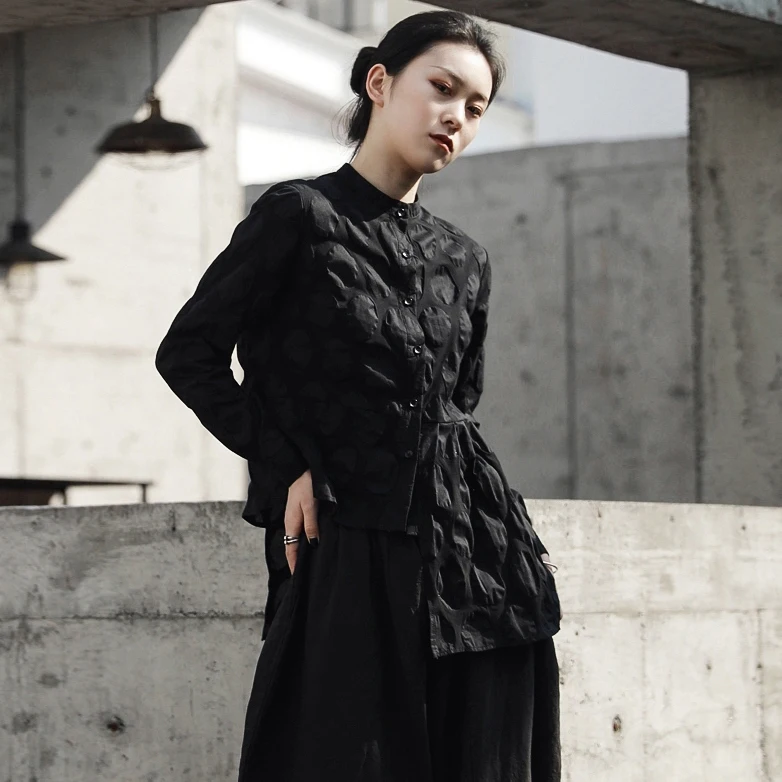 Новинка, корейский стиль, женская однотонная черная блузка с длинным рукавом, рубашка, в горошек, с нашивками, с вырезами, Женская стильная блузка 1207C-06
