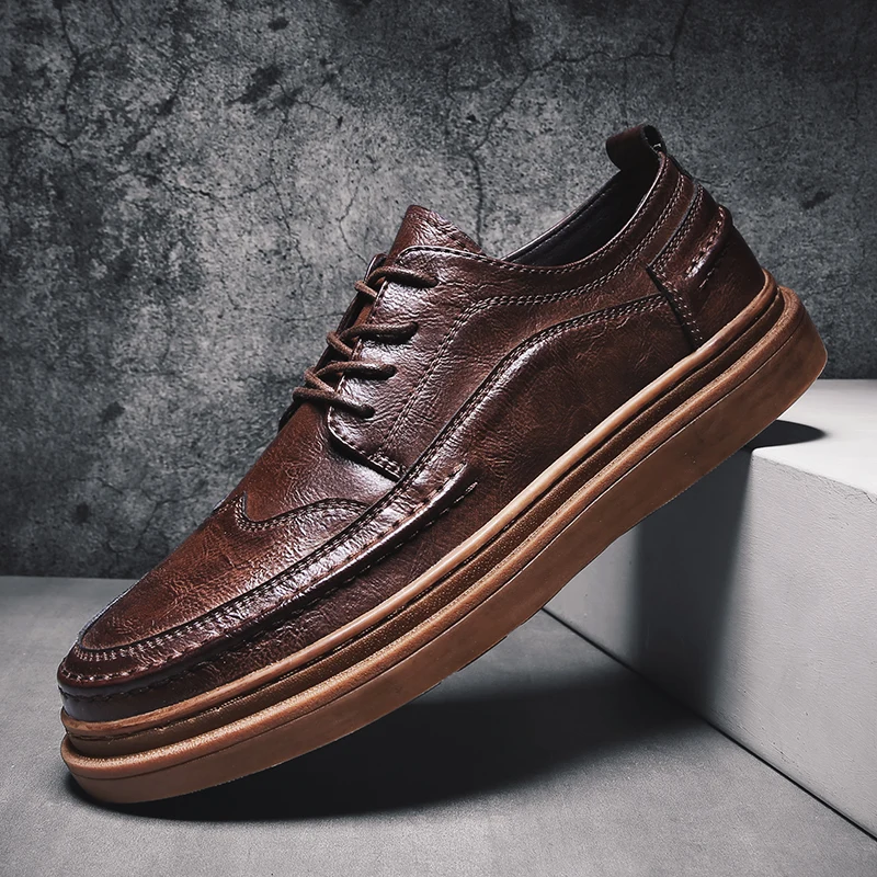 Men Shoes Casual genuine Leather Sneakers Men Shoes outdoor fashion Men'S Casual Shoes British brogue Lace Up Male Flat shoes s5 - Цвет: brown