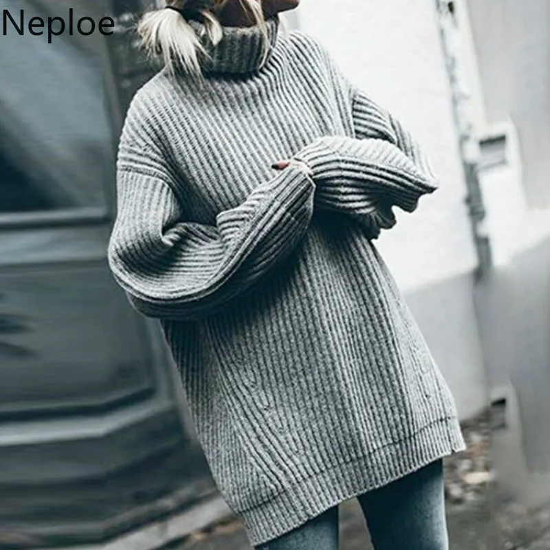 Neploe Turtleneck Pullover Thick Sweater Women Solid Loose Knit Mid Long Pull Femme Hiver Solid Sueter Mujer Invierno 46210