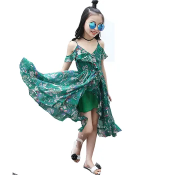 

New 2018 Children Girls Summer Chiffon Green Yellow Floral Bohemia Party Dresses For Girls Clothing Kids Beach Sundress Dress