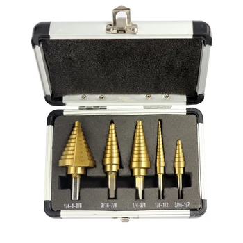 

5Pcs HSS Titanium Straight Flute Step Drill Bit Set Pagoda Shape Hole Cutter in Aluminum Case Core Drill Bit
