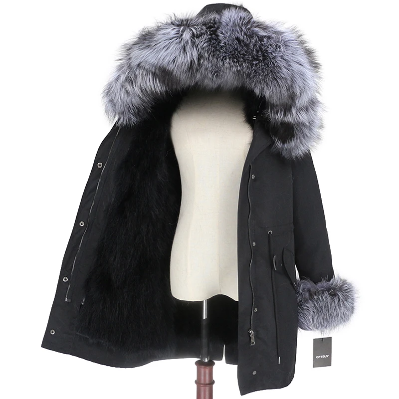 Женская парка на натуральном меху OFTBUY, черное пальто с натуральным лисьим мехом, с капюшоном с отделкой из меха енота, толстая теплая уличная одежда, зима - Цвет: black silver DX