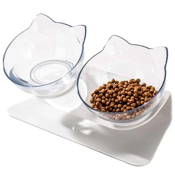 

New Overhead Cat Bowl Transparent Non-Slip Splash-Proof Cat Bowl, Pet Bowl with 15 Degree Tilt Design (Double Bowl)