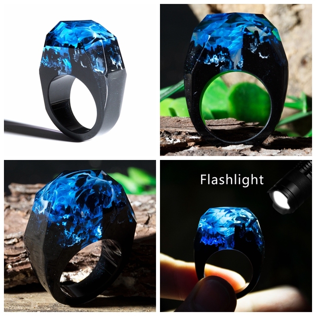 Fashion Wood Resin Ring Female Forest Handmade Rainbow Star Secret Sky Micro Landscape Wooden Ring High Quality Jewelry