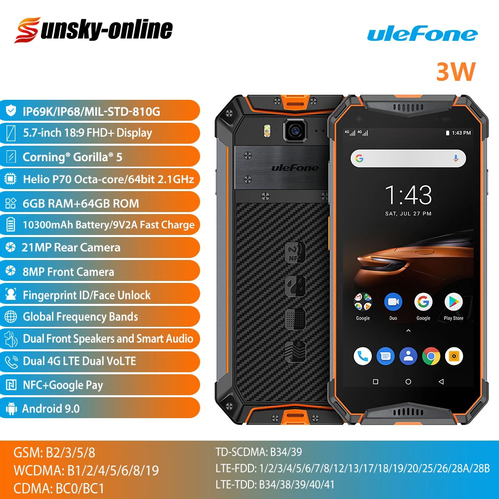 Ulefone Armor 3W IP68 водонепроницаемый смартфон 10300 мАч 5 7 дюймов FHD + Android 9 0 Octa 6 ГБ 64