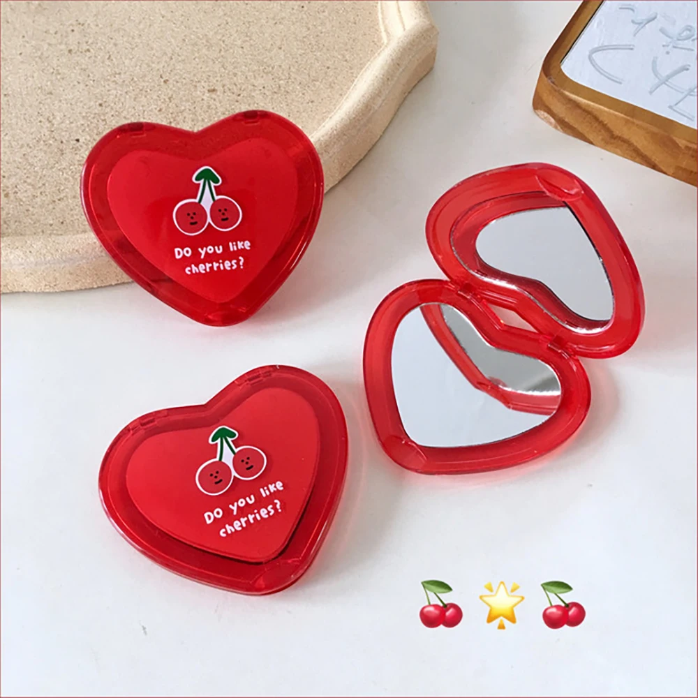 1 PC Red Cherry Pattern Heart Shaped Mini Makeup Mirror Portable Pocket Mirror Double-Sided Folding Cosmetic Mirror Women Gifts