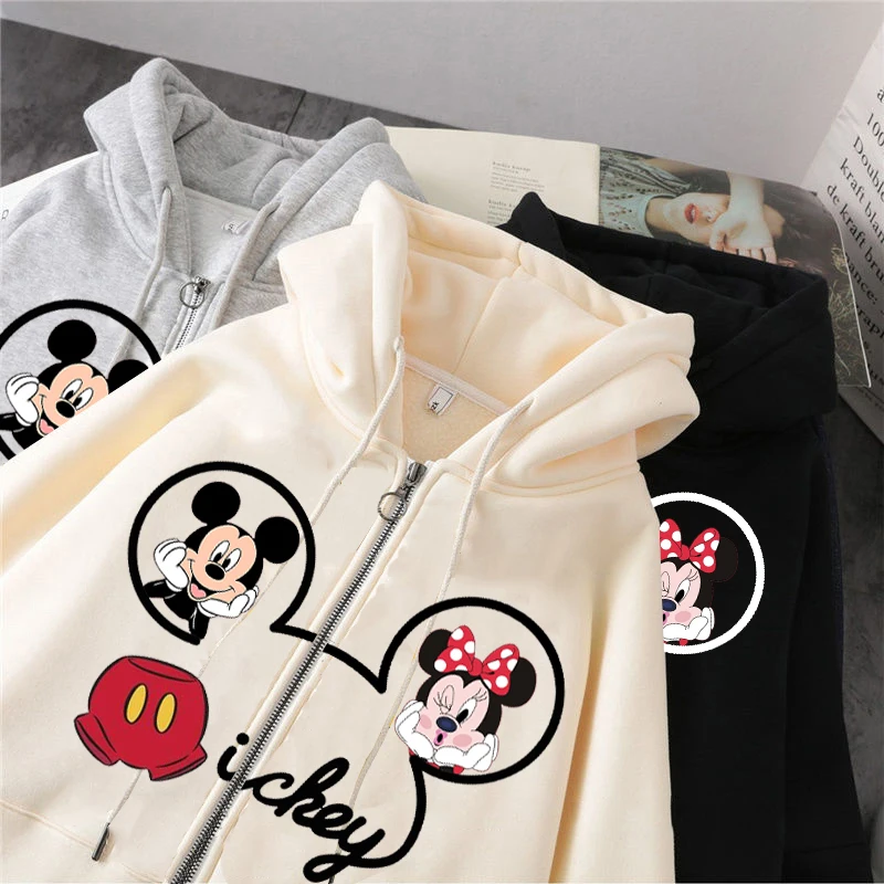 Disney Mickey Mouse Women Sweatshirts Clothing Hoodies 2021 Winter Oversize Print Hooded Women Cotton Long Sleeve Zip up hoodie brown hoodie