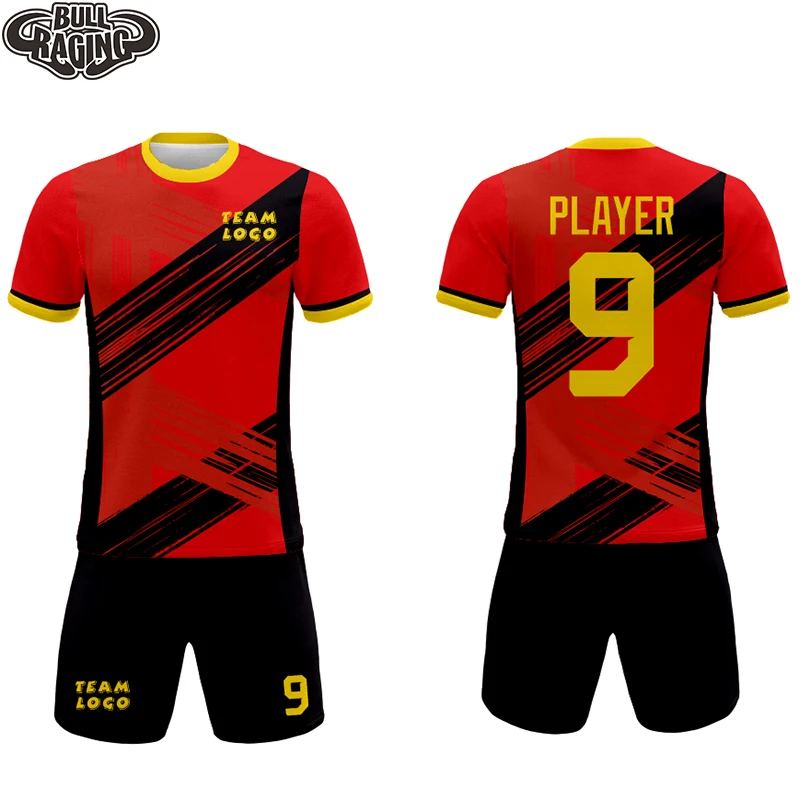 

Красно-черная полоска с рисунком, дизайн вашей команды, футбольная рубашка, короткая сублимационная спортивная форма