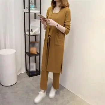 

Autumn Women Plus Size 3 Piece Sets Knitted Pullover Sweaters Women Sets Stretch Wide Leg Pants Cardigan Coat Suits