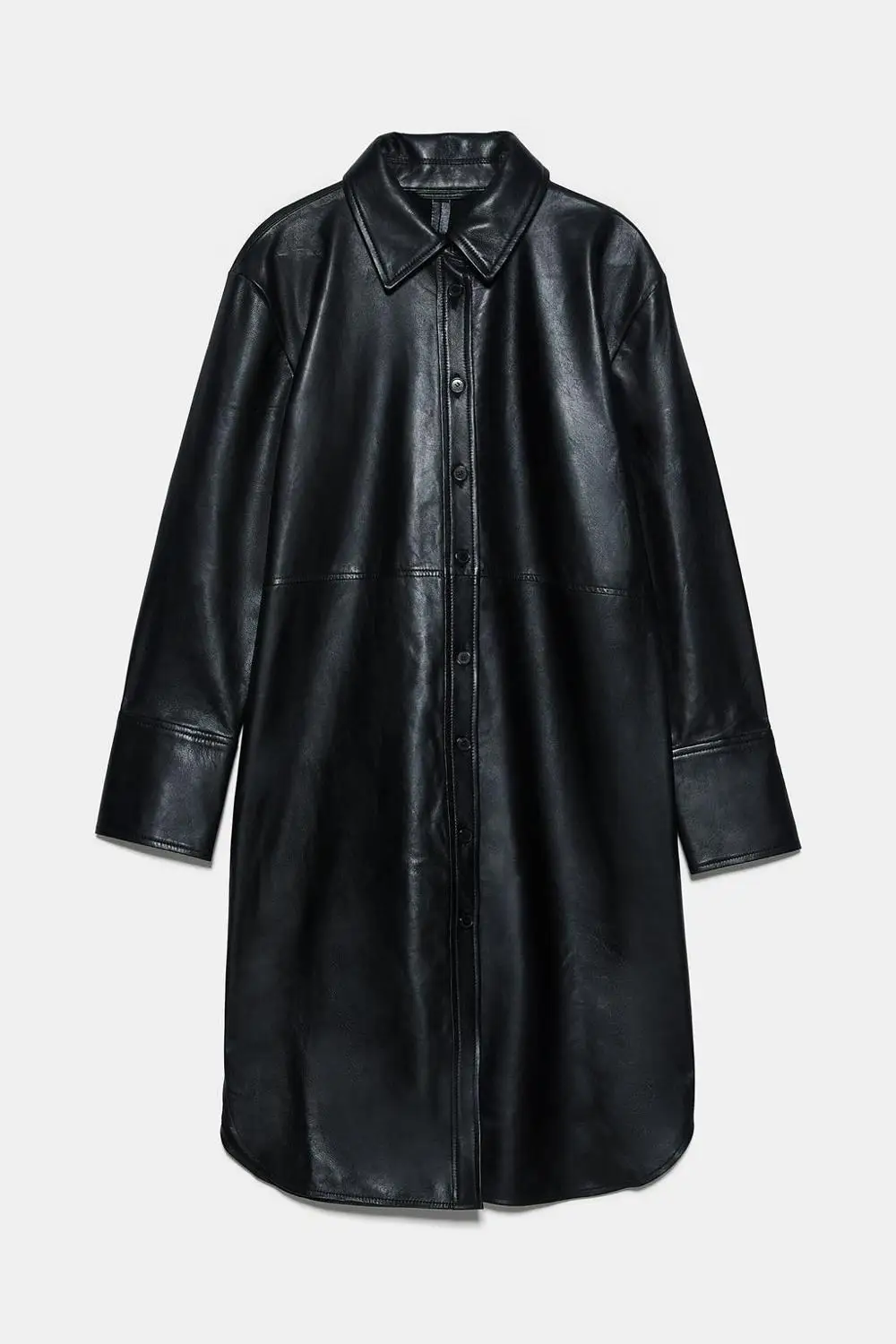 black women black pu faux leather shirt dress outwear fashion girls ladies loose buttons female casual stylish long outwears - Цвет: black