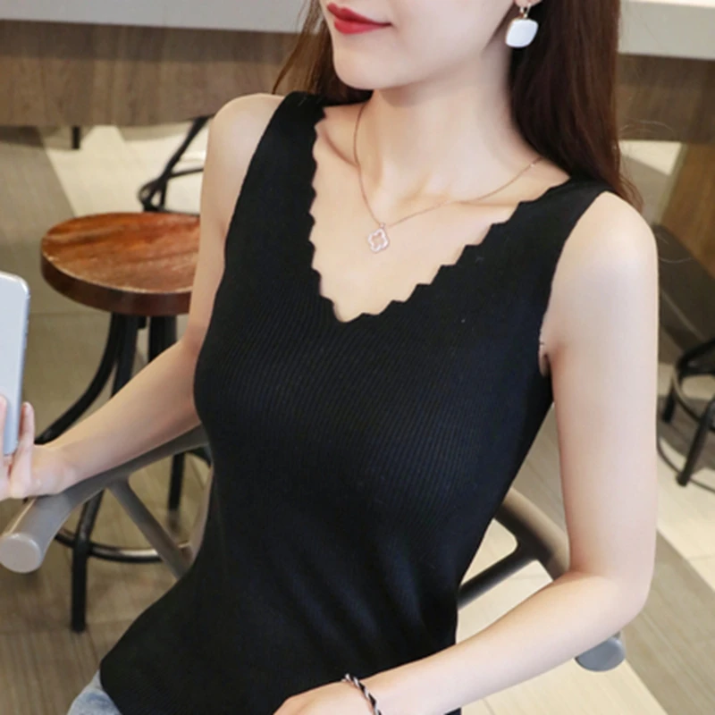 

Summer women sleeveless V-neck knitted tops Women tank tops underwear fashion elastic Ice silk vests female