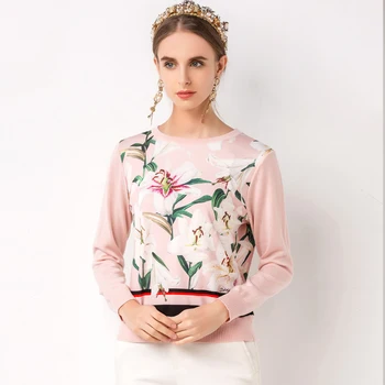 

2019 Runway Fashion Designer Sweater New Autumn Winter Women's Pink Lilies Printed patchwork Wool Sweater Top Shirts