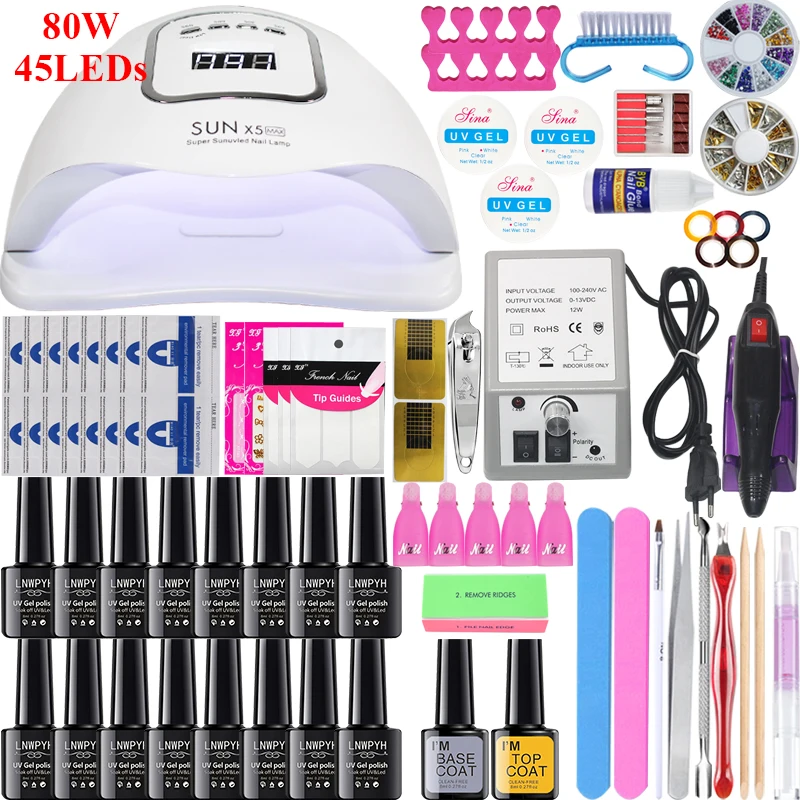 16/10 pcs Nail Gel Polish Set Kit 90/80/54/36W UV LED Lamp Manicure Set Nail Art Salon ForManicure Tools WIth Nail Drill Machine - Цвет: choose 16 colors 80W