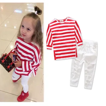

Girls Clothing Set 2020 Autumn New Clothes Red Striped Top Three Quarter Shirt with Solid White Hole Trousers Long Pants Suit