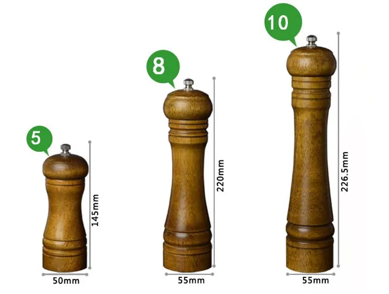 Salt and Pepper Mill, Solid Wood Pepper Mill with Strong Adjustable Ceramic Grinder 5" 8" 10"- Kitchen Tools