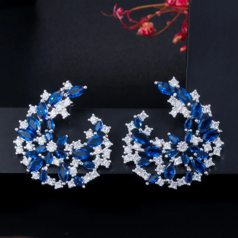 blue CWWZircons уникальный элегантный дизайн серебряный цвет большой лист цветок желтый топаз Кристалл Висячие серьги для женщин модное ювелирное изделие CZ621 - Цвет камня: blue