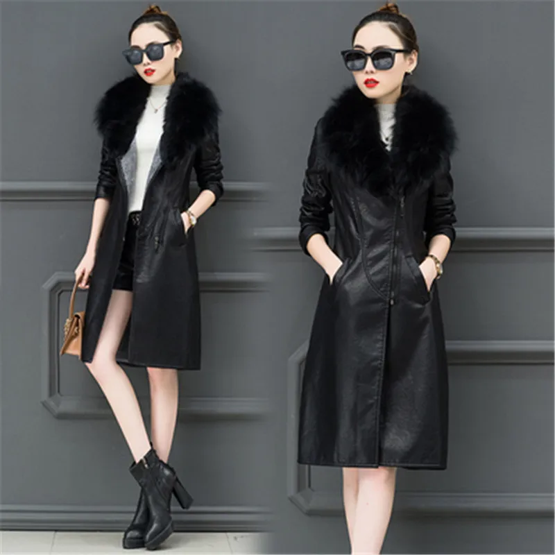 Kpop зимняя кожаная Корейская женская одежда бархатная PU Женская куртка приталенная модная зимняя Длинная женская куртка из искусственной кожи - Цвет: Черный