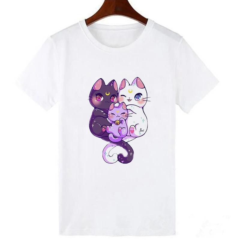 Sailor Moon летняя футболка для женщин Harajuku короткий рукав забавная футболка Ulzzang футболка с милым котом женские футболки с героями мультфильмов - Цвет: 19bk206-white