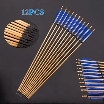 

12PC Arrows For Bow 32-Inch White Pine Wooden Arrows Blue/Turkey Feather Bows For Hunting Archery