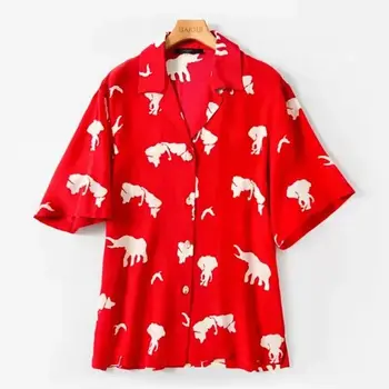 

Women Shirt 2020 Spring and Summer New Elephant Print Lapel Loose Short-sleeved Red Shirt