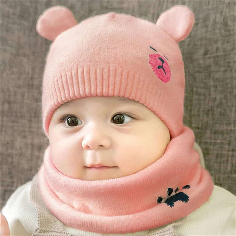 Новорожденный ребенок Шапки вязаная теплая Кепки медведь круглый колпачки машин защищает шапка с ушками для малышей Зимние Кепки s+ наборы с шарфом 2 шт./компл - Цвет: pink bear