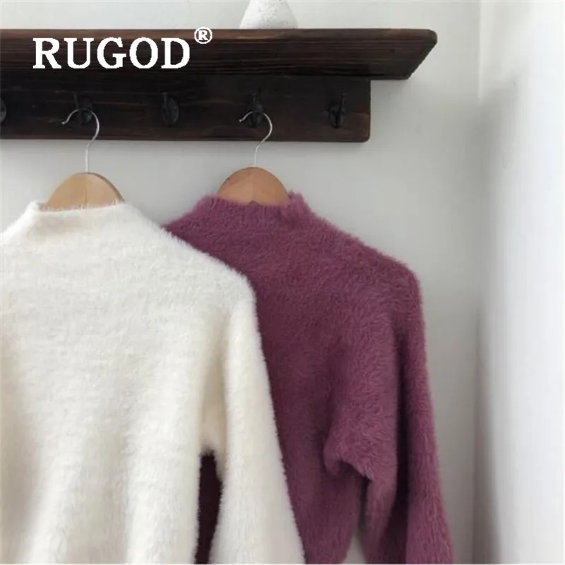 RUGOD весеннее поступление, свитер с высоким воротом, женский теплый пуловер с рукавом-фонариком, однотонная пушистая вязаная туника, корейская мода, милые топы