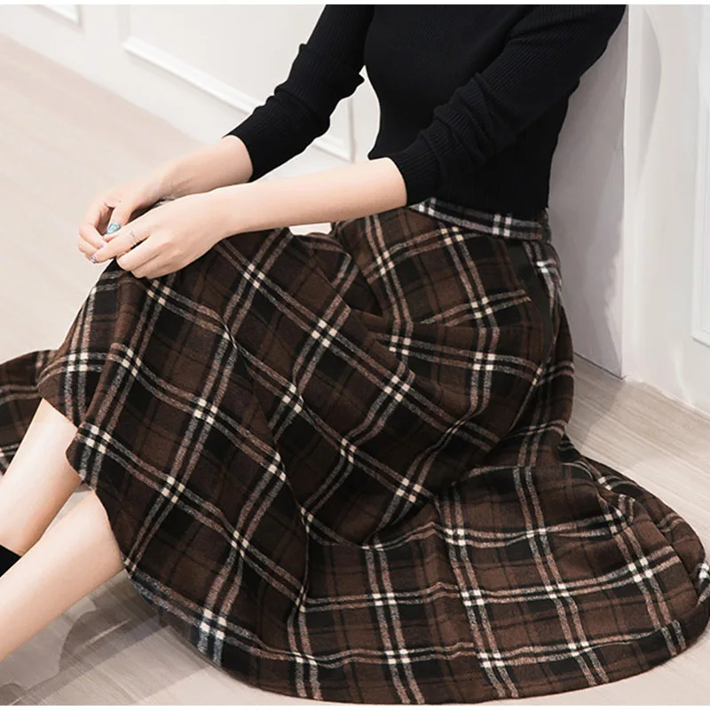 High Waist A Line Women Long Skirt Plus Size 4XL England Plaid Woolen Ladies Skirts Woolen Pleated Tartan Female Bottom