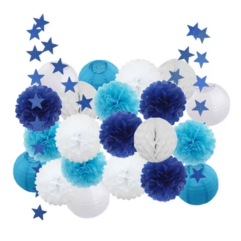 

Baby Boy Baptism Decoration Blue White Set Hanging Paper Crafts Kids Events Birthday Party Favor Round Paper Lantern Pom Poms