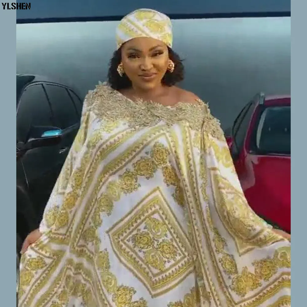 Plus Size African Maxi Dress Women Clothes Summer Dashiki Silk Print Sloping Shoulder Robe Boubou Africaine 05