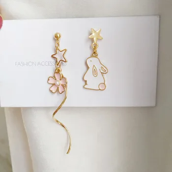 

S925 Silver Needle Cute Rabbit Earrings Pink Flower Star Ear Stud Creative Non-symmetrical Clip-on Pierceless 1502
