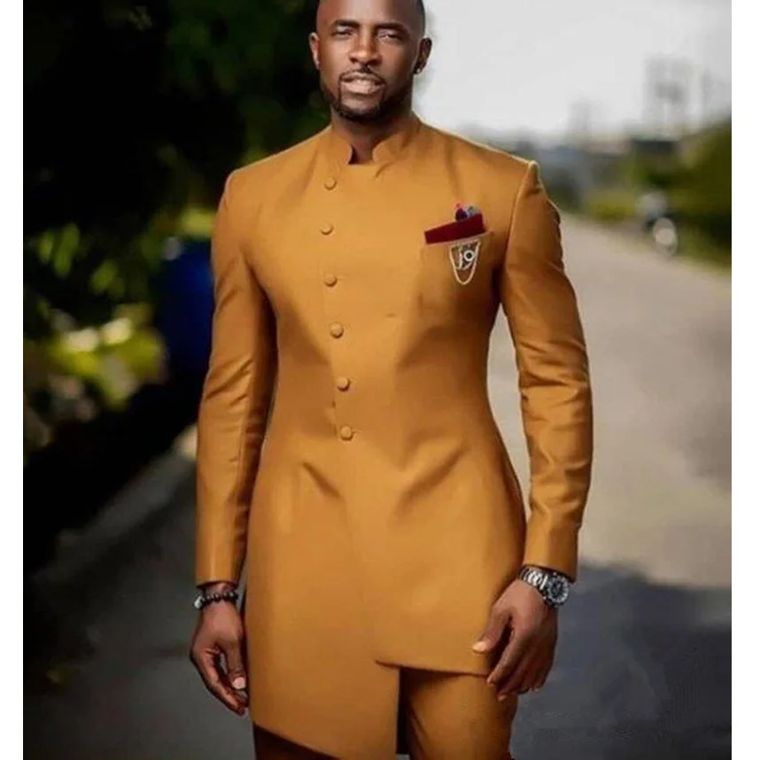 African Golden Satin Slim Fit Men Suits Wedding Groom Tuxedos Bridegroom Front Button Best Man Prom Blazer Jacket+Pant | Мужская одежда