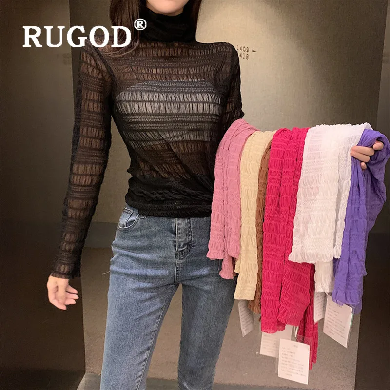 RUGOD Весенняя водолазка, элегантный прозрачный топ, Корейская Сексуальная кружевная блузка, рубашка с длинным рукавом, женская одежда, Женские топы и блузки